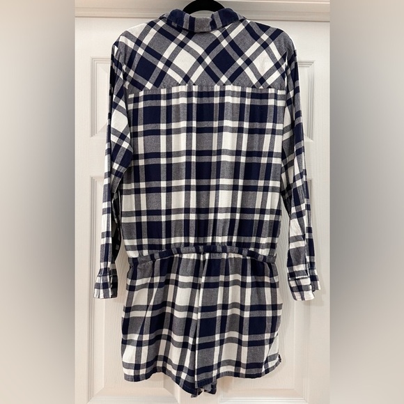 Aerie Plaid Flannel Button Front One Piece Pajama Romper Blue White sz XL - Picture 6 of 7